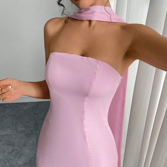 Baby Pink Elegant Party Women's Halter Bodycon Mini Dress - Picture 9 of 11